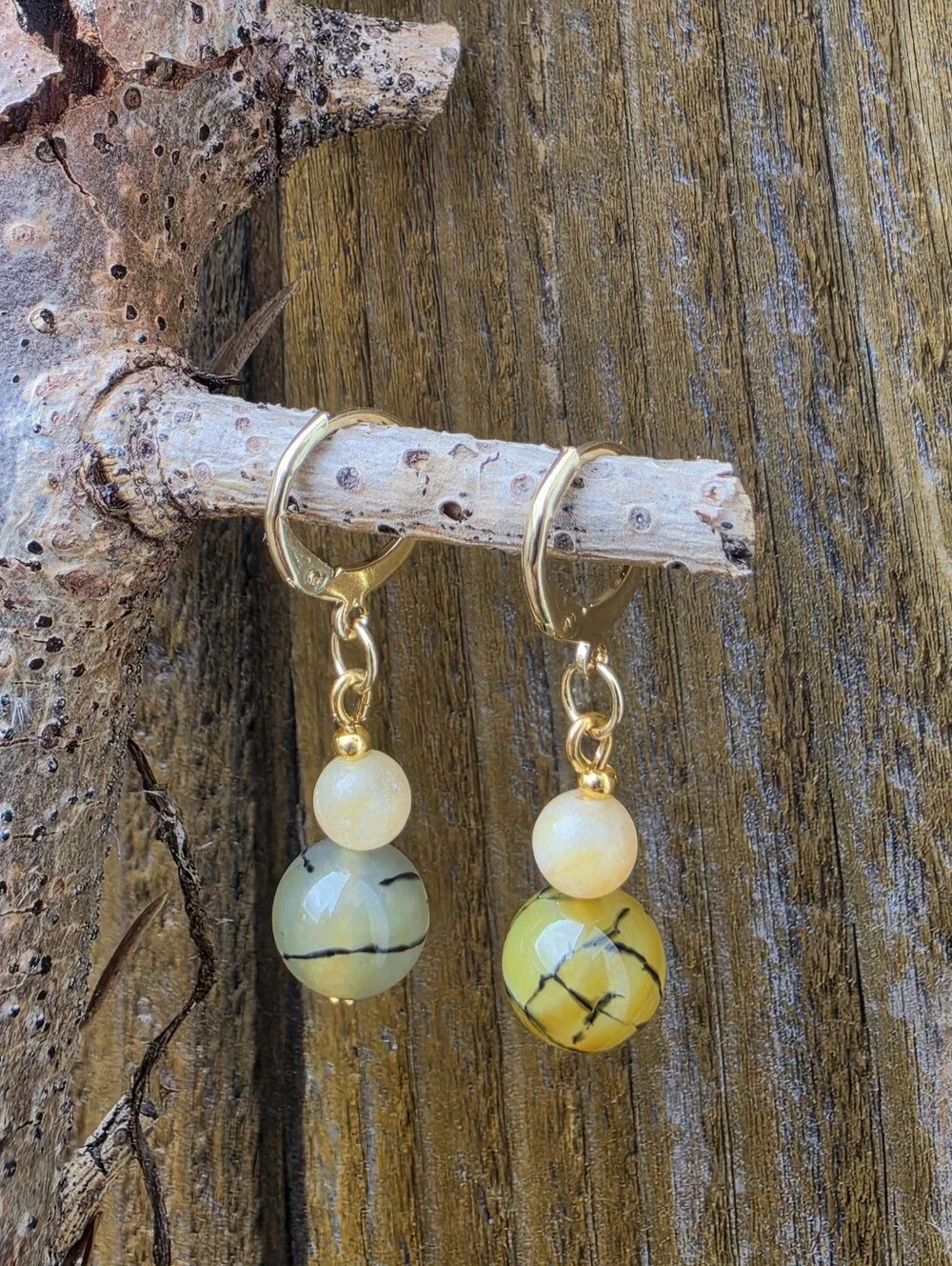 ​Dragon Vein Agate & Light Imperial Jade 18k Gold Plated Drop Earrings